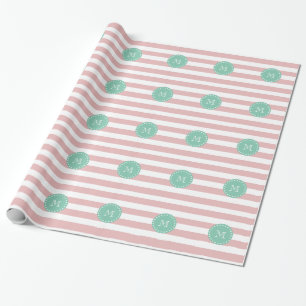 Pink White Stripes Pattern, Mint Green Monogram Wrapping Paper