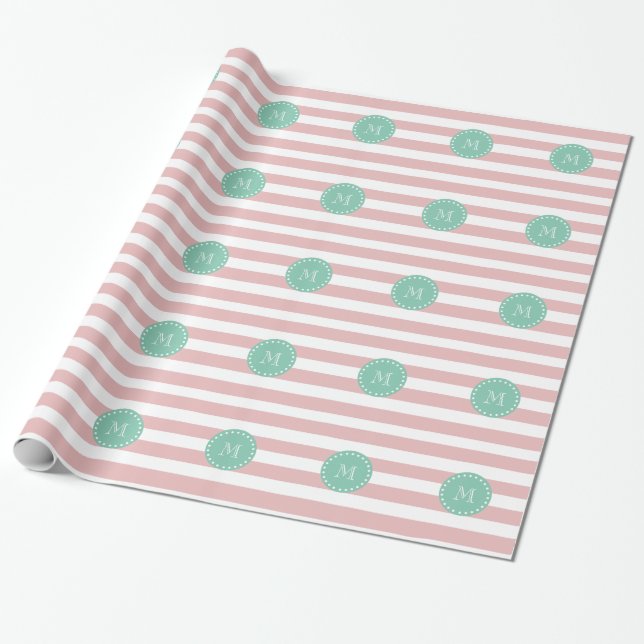Pink White Stripes Pattern, Mint Green Monogram Wrapping Paper (Unrolled)