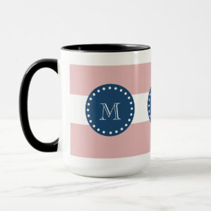Pink White Stripes Pattern, Navy Blue Monogram Mug