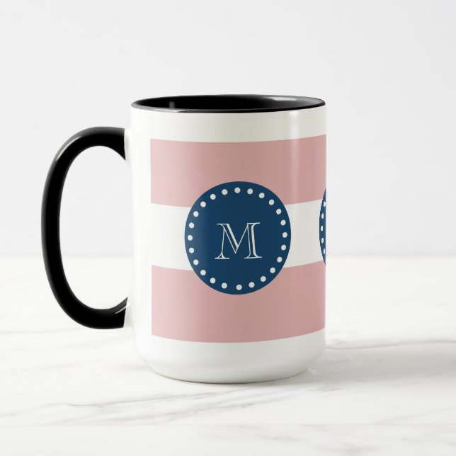 Pink White Stripes Pattern, Navy Blue Monogram Mug (Left)