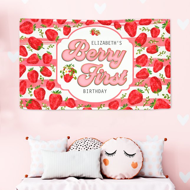 Pink White Stripes Strawberry Berry First Birthday Banner (Creator Uploaded)