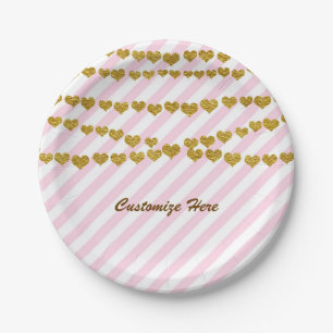 Pink & White Stripes with Gold Hearts Party Paper Plate