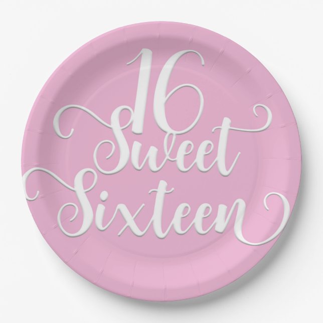 Pink & White Sweet 16 Birthday Party Paper Plate (Front)