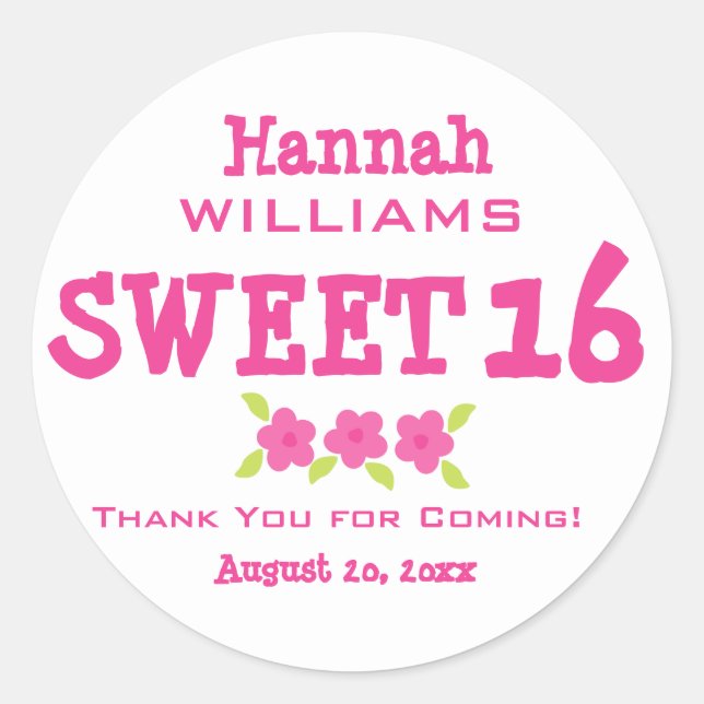 Pink & White Sweet 16 Thank You Personalised Classic Round Sticker (Front)