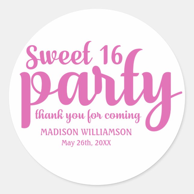 Pink & White Sweet 16 Thank You Personalised Classic Round Sticker (Front)