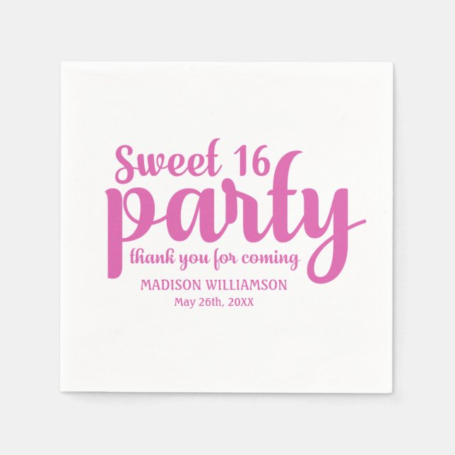 Pink & White Sweet 16 Thank You Personalised Napkin (Front)