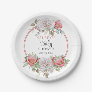 Pink   White Sweet Floral Blooms Girl Baby Shower Paper Plate