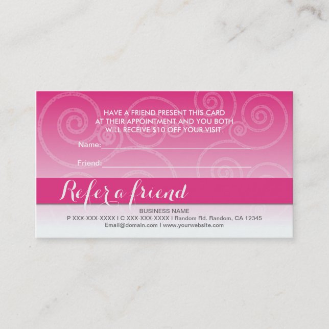Pink white swirl refer a friend cards (Front)