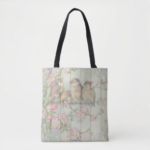 Pink White teal tote bag Pretty bird