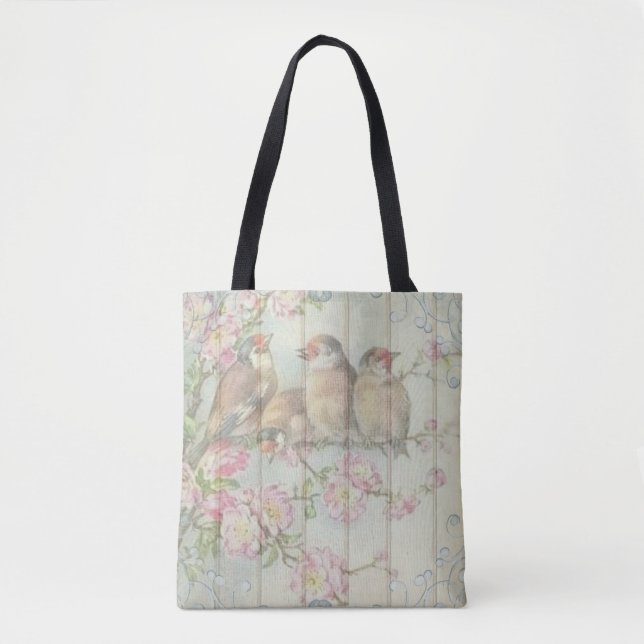 Pink White teal tote bag Pretty  bird (Front)