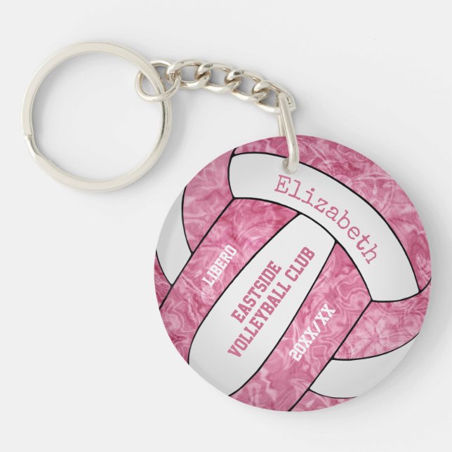 Pink white team colours girls sports volleyball key ring (Front)