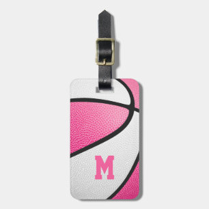 pink white team colours personalised basketball luggage tag