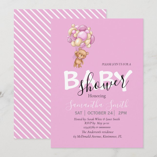Pink White teddy party invitation (Front/Back)