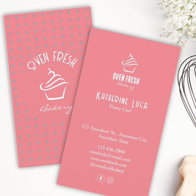 Pink White Text Dots Cupcake Bakery  Business Card (Creator Uploaded)