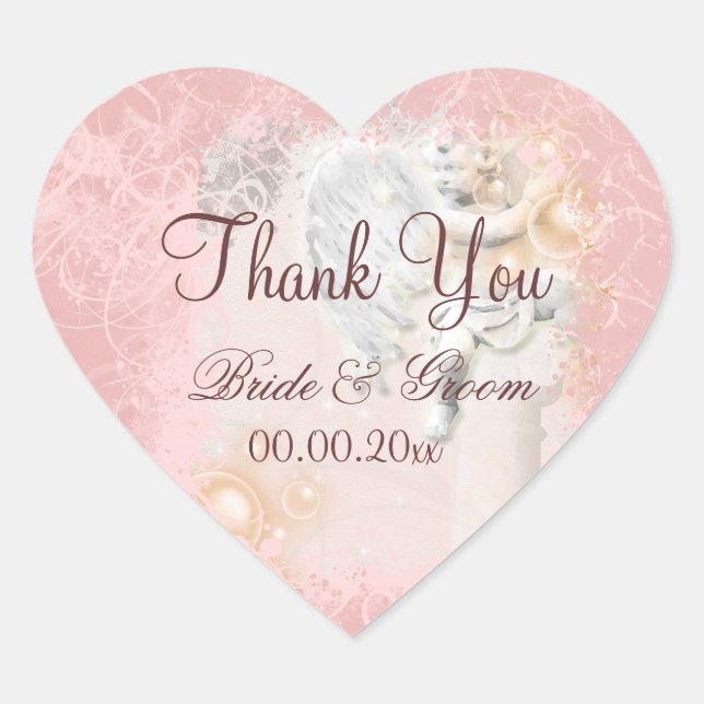 Pink white "thank you" wedding elegant heart sticker (Front)