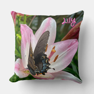 Pink White Tiger Lilly Flower Blue Butterfly Name Cushion