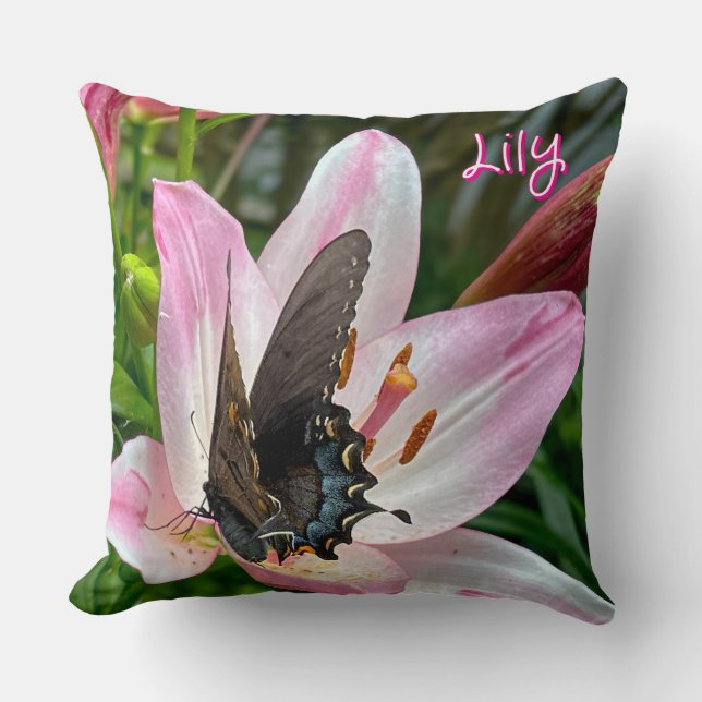 Pink White Tiger Lilly Flower Blue Butterfly Name Cushion (Front)