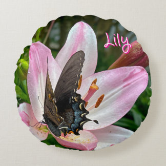 Pink White Tiger Lilly Flower Blue Butterfly Name Round Cushion