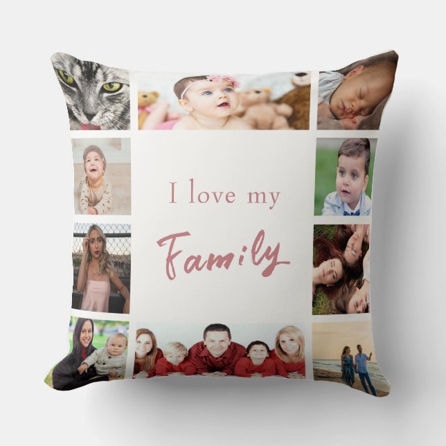 Pink White Trendy I Love My Family Photo Collage  Cushion (Front)