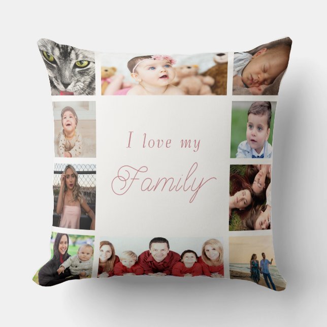 Pink & White Trendy Love My Family Photo Collage  Cushion (Front)