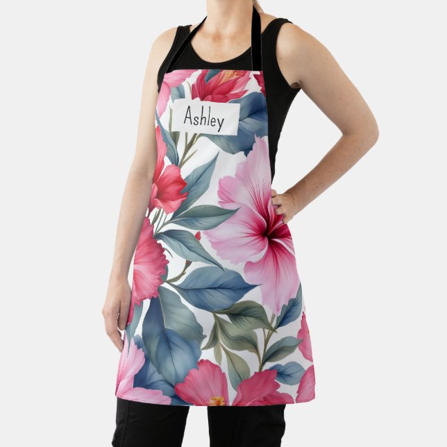 Pink White Tropical Flowers Chic Apron (Insitu)