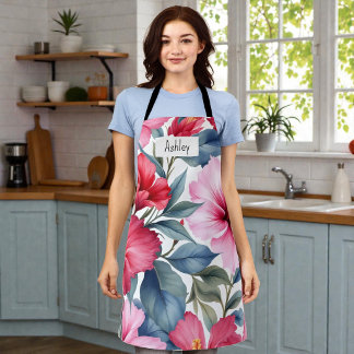 Pink White Tropical Flowers Chic Apron