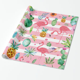 Pink & White Tropical Flowers Plants & Birds Wrapping Paper