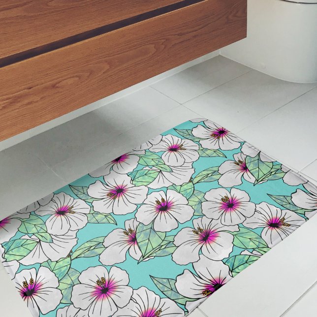 Pink & White Tropical Hibiscus Floral Pattern Bath Mat (Hibiscus Pattern Bath Mat)