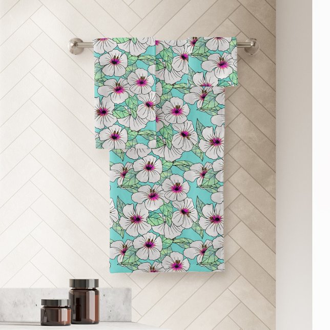 Pink & White Tropical Hibiscus Floral Pattern Bath Towel Set (Tropical Vibes Hibiscus Pattern)