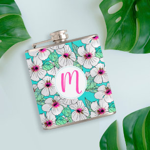 Pink & White Tropical Hibiscus Floral Pattern Hip Flask