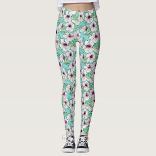 Pink & White Tropical Hibiscus Floral Pattern Leggings
