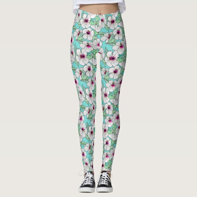 Pink & White Tropical Hibiscus Floral Pattern Leggings (Front)