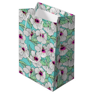 Pink & White Tropical Hibiscus Floral Pattern Medium Gift Bag