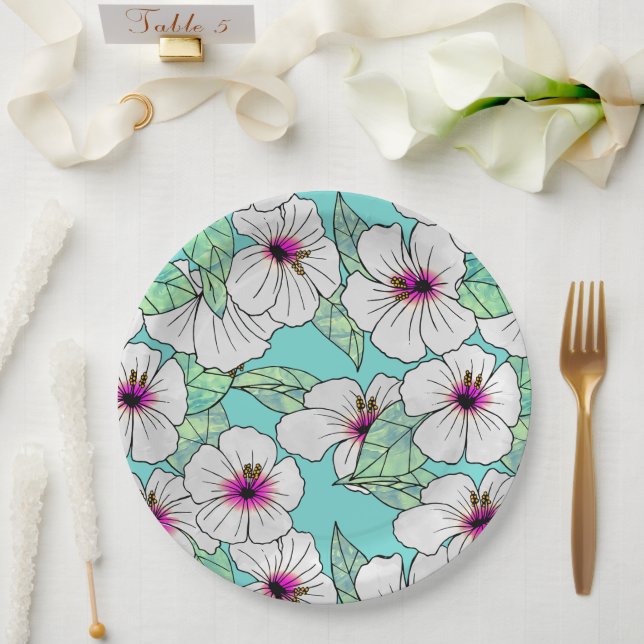 Pink & White Tropical Hibiscus Floral Pattern Paper Plate (Wedding)