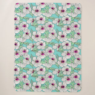 Pink & White Tropical Hibiscus Floral Pattern Sherpa Blanket
