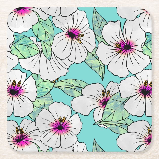 Pink & White Tropical Hibiscus Floral Pattern Square Paper Coaster (Front)