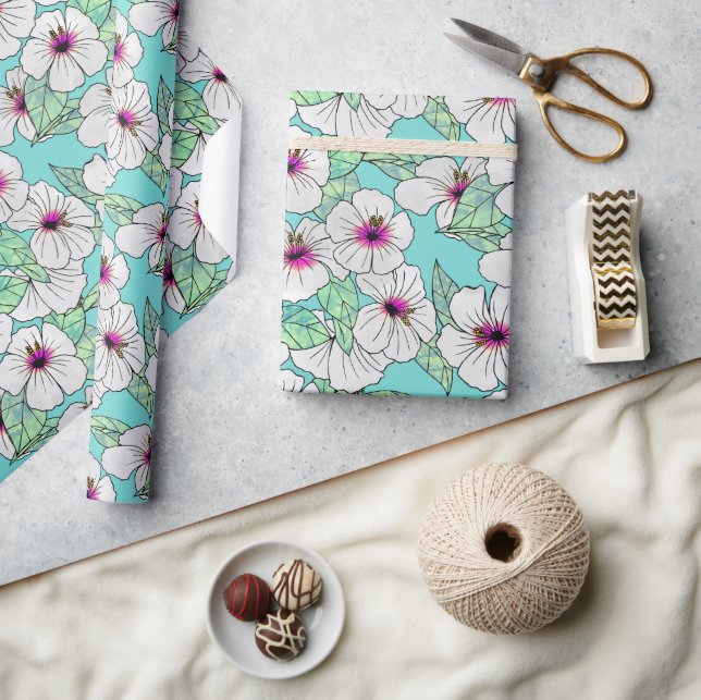 Pink & White Tropical Hibiscus Floral Pattern Wrapping Paper (Crafts)