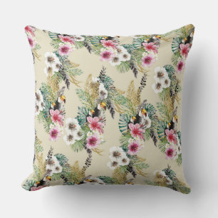 PINK & WHITE TROPICAL HIBISCUS FLOWERS & TOUCAN CUSHION