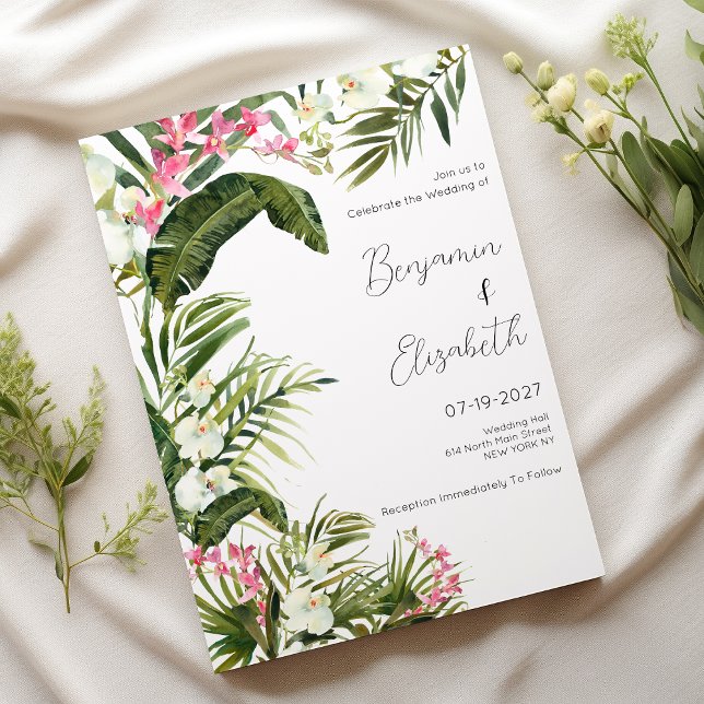 Pink white tropical orchid flowers Wedding  Invitation (Pink white tropical orchid flowers Wedding )
