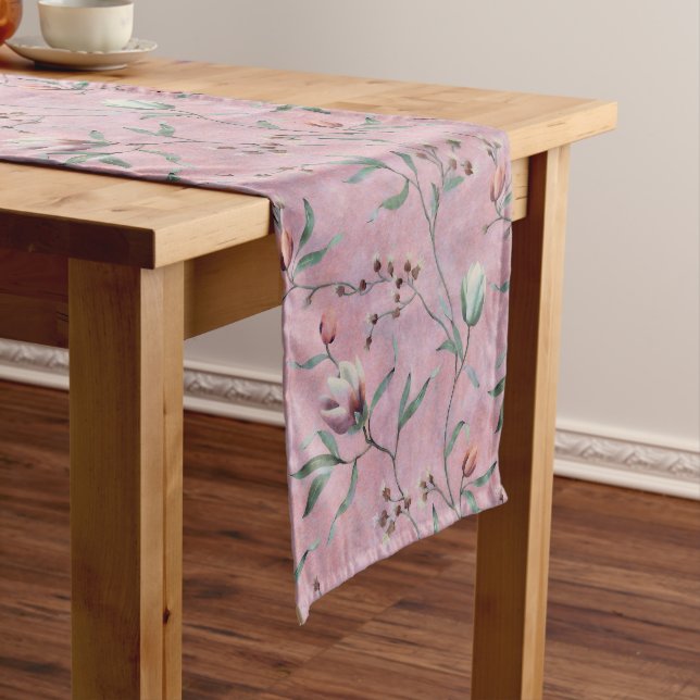 Pink & White Tulips Anemones Pattern Short Table Runner (In Situ)