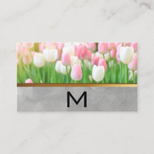 Pink White Tulips Monogram Business Card