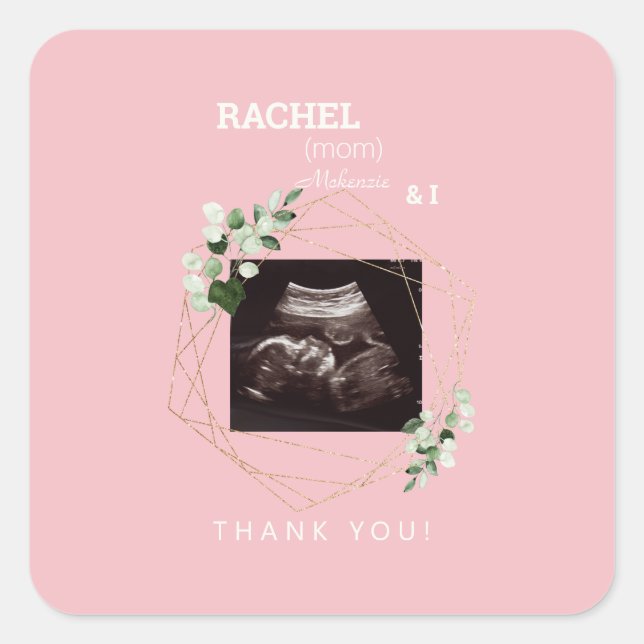 Pink White Ultrasound Photo Thank You Baby Shower Square Sticker (Front)