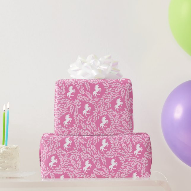 Pink & White Unicorn Floral Leaf Pattern    Wrapping Paper (Party Gifts)
