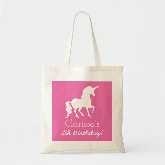 Pink White Unicorn Personalised Girls Birthday Tote Bag (Front)