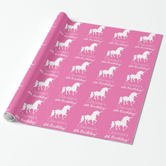 Pink White Unicorn Personalised Girls Birthday Wrapping Paper (Unrolled)