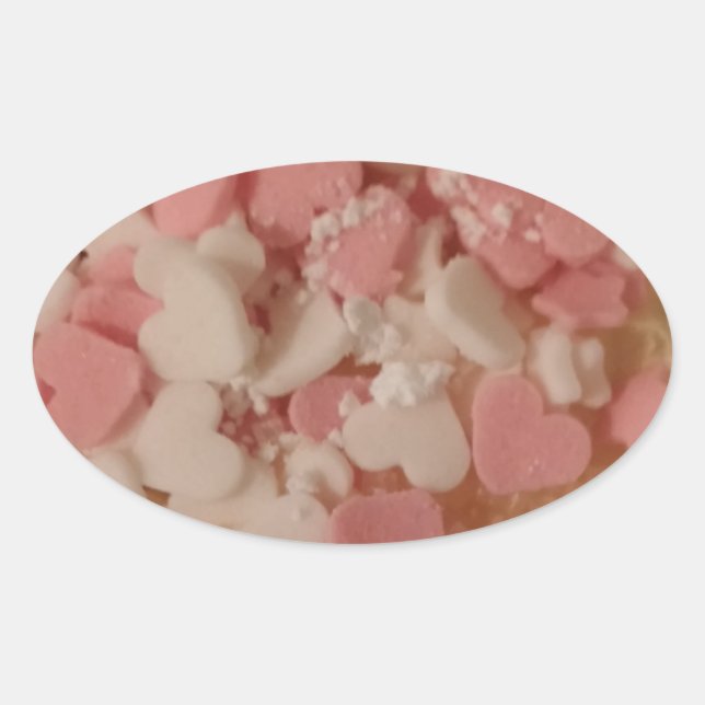 Pink White Valentine Hearts, Cake Decoration, Love Oval Sticker (Front)