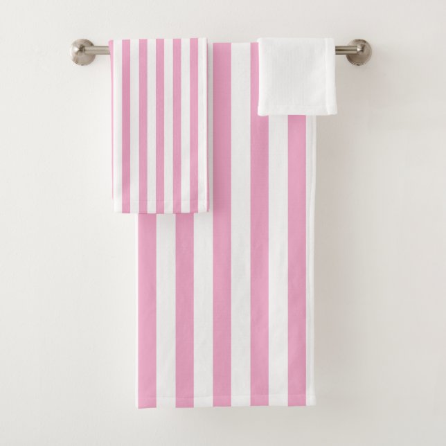 Pink White Vertical Stripe Pattern Design Bath Towel Set (Insitu)