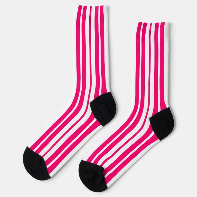 Pink White Vertical Stripes Pattern Design Socks (Left)