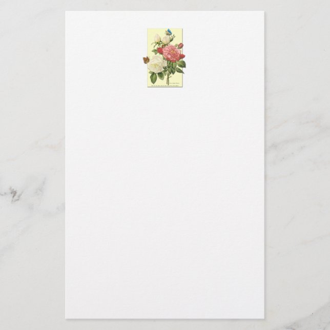 Pink White Vintage Botanical Roses Stationery (Front)