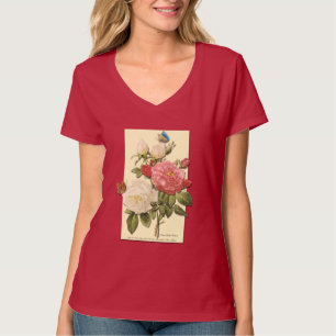Pink White Vintage Botanical Roses TShirt